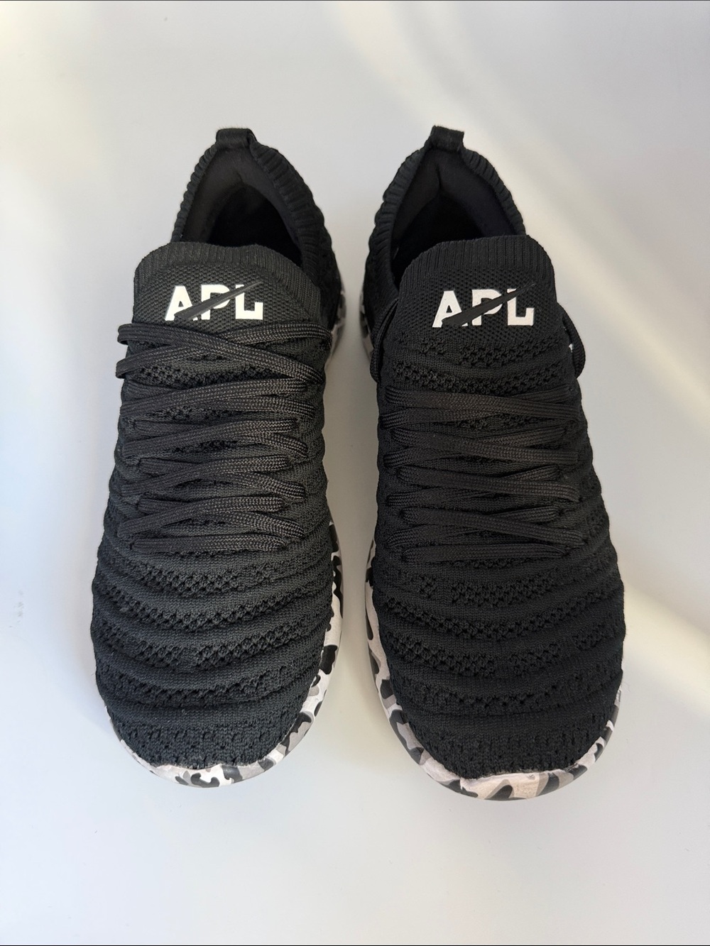 APL Black Knit Slip-On Sneakers with Black and White Camo Sole